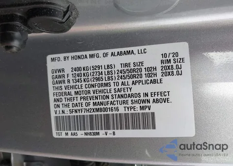 2021 Honda Passport 2Wd Sport из США, поврежденный, VIN 5FNYF7H2XMB001616